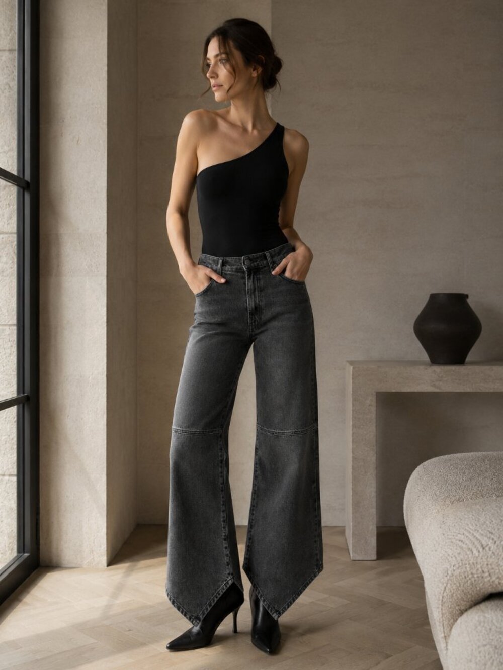 NWT MOTHER DENIM THE DAGGER ASYMMETRICAL JEANS IN GREY